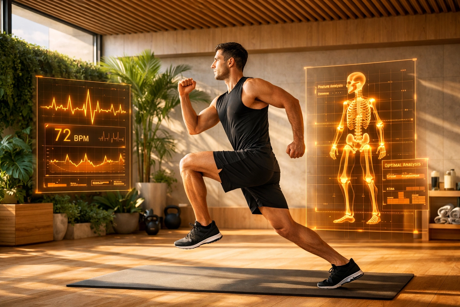Person exercising in a futuristic longevity lab with health data overlays for fitness tracking.