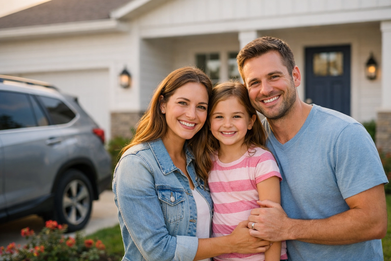A smiling Texas family in front of their modern Clear Lake home, highlighting the benefits of a high credit score.