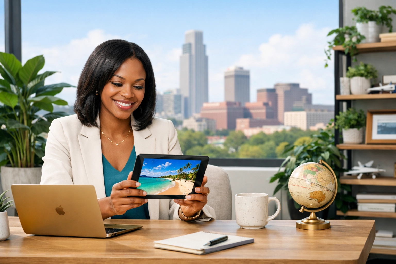 Confident travel planning service owner in an Omaha office viewing tropical vacation options on a tablet.
