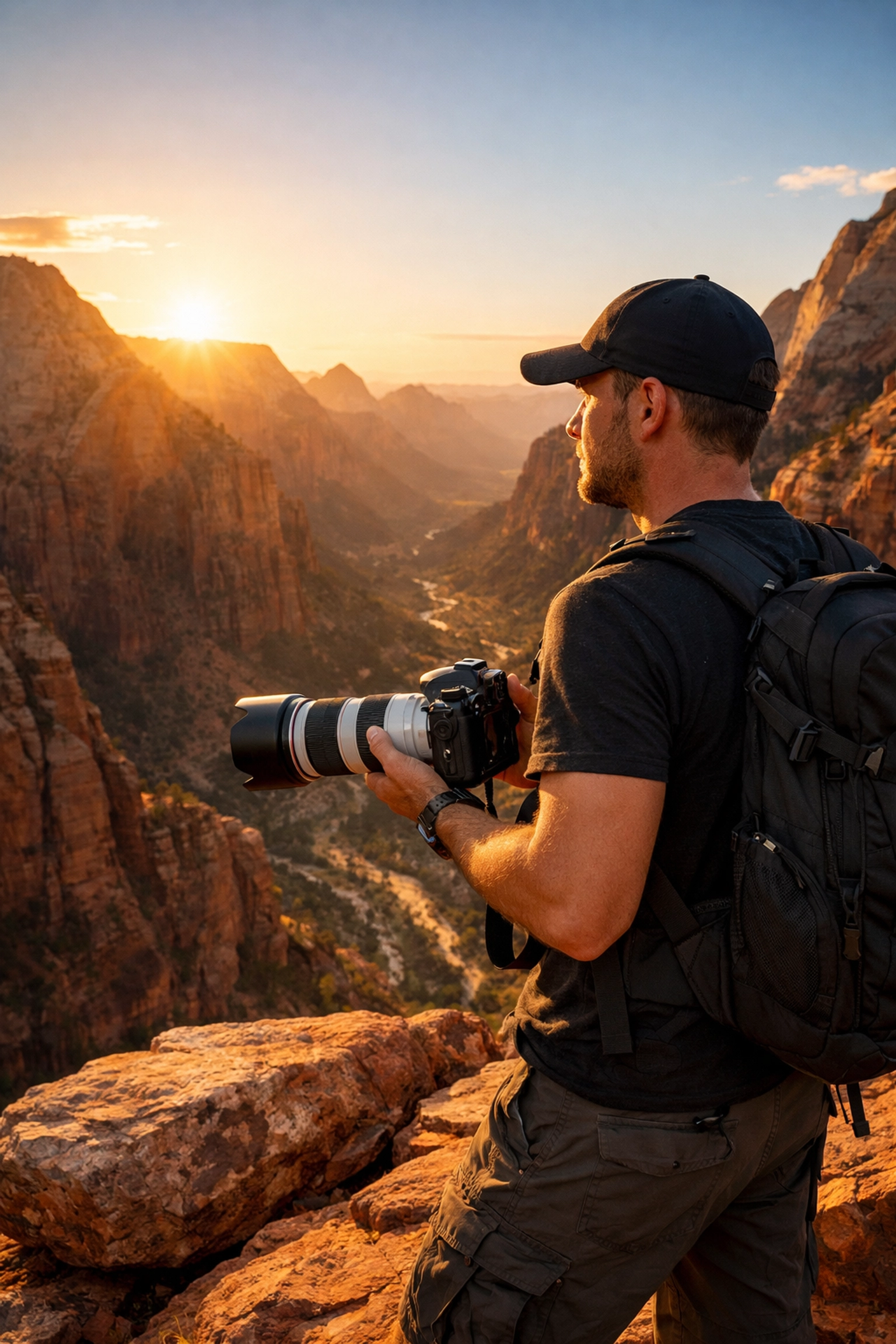Professional photographer with high-end gear at Zion National Park for a creative portfolio.