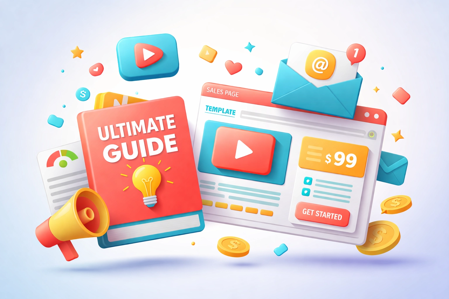 Colorful digital product icons: ebook, video course, email: representing abundance of done-for-you content