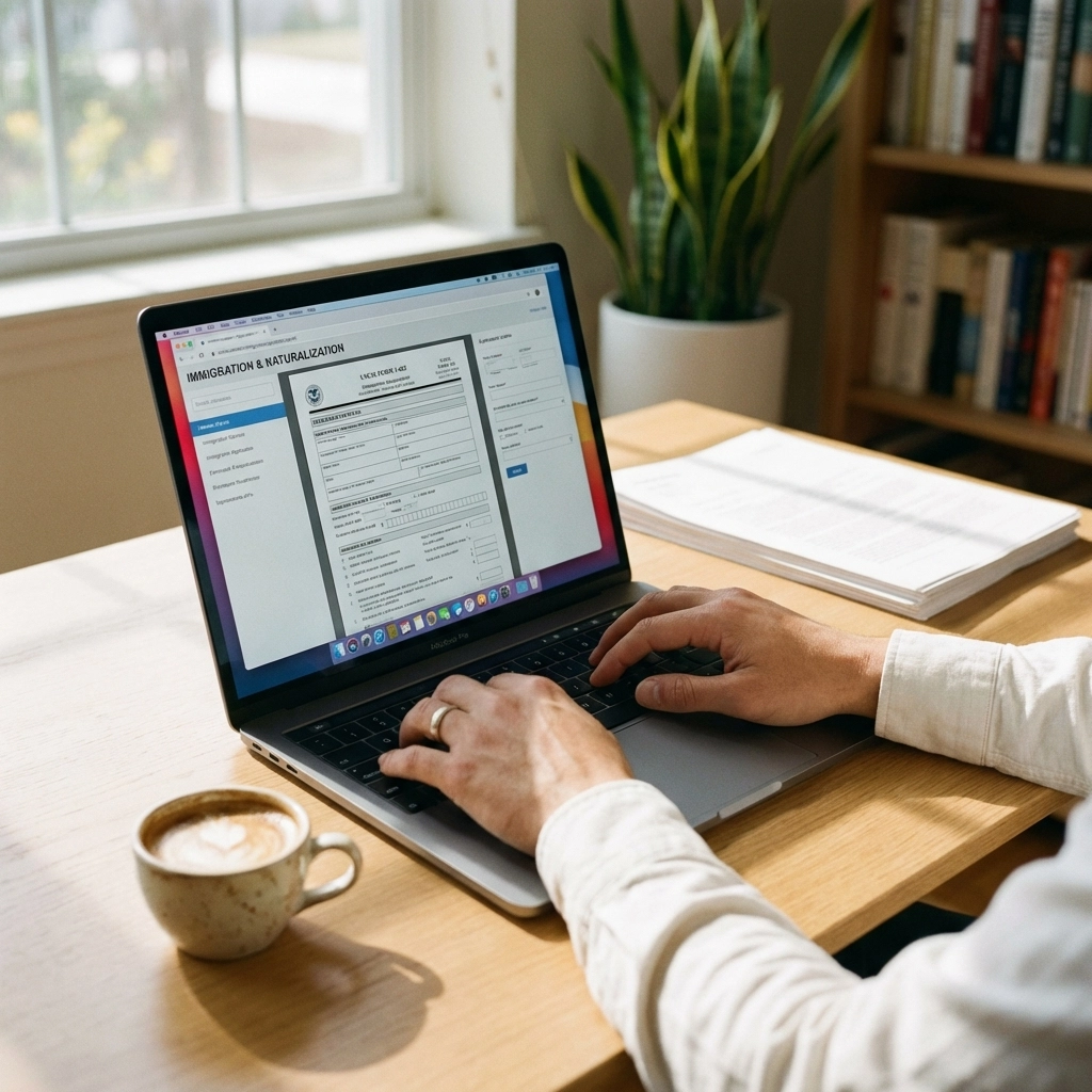 Person completing Canadian immigration application forms on a laptop in a bright, organized home office
