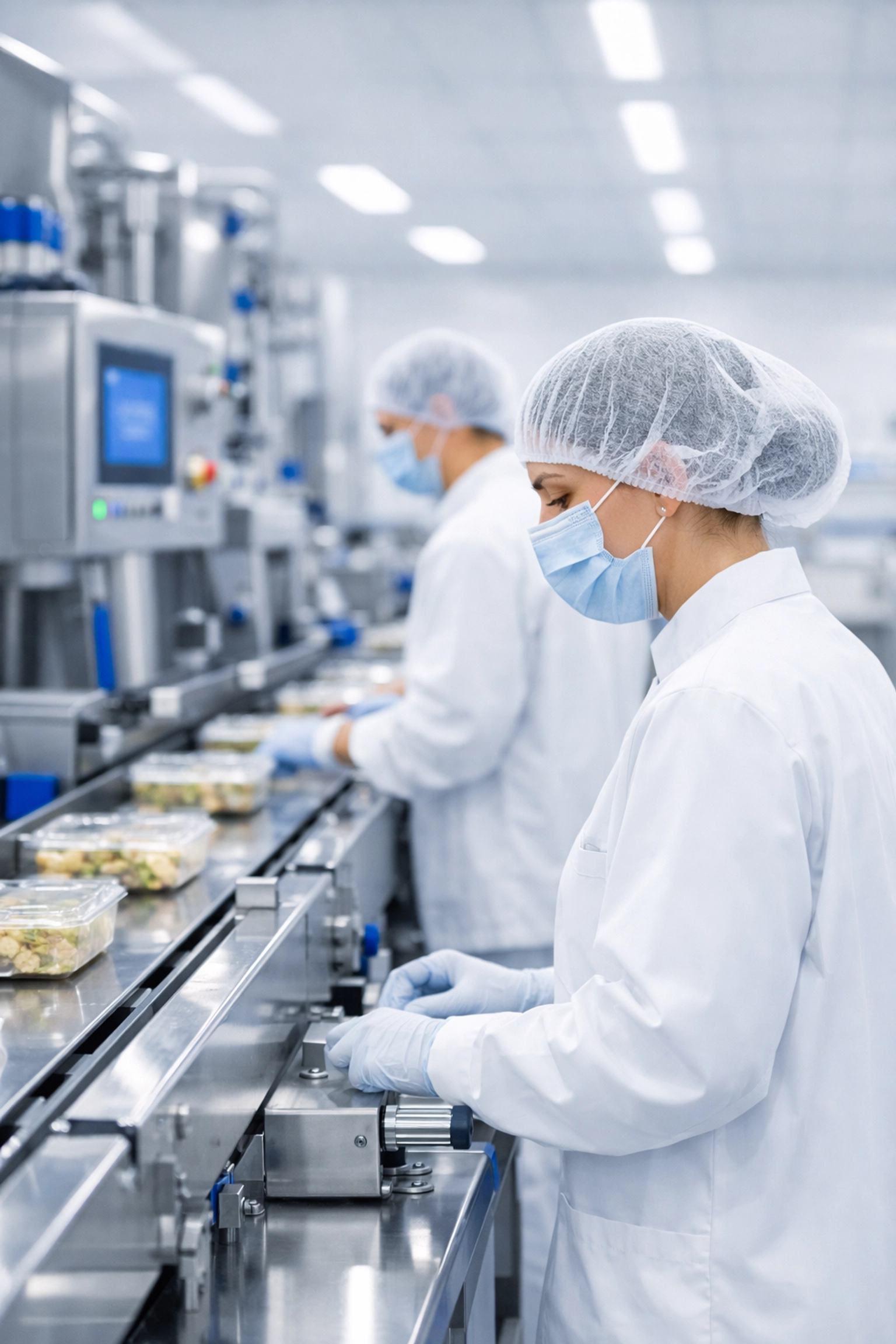 Workers wearing hygienic white coats and hairnets on a clean food processing production line.