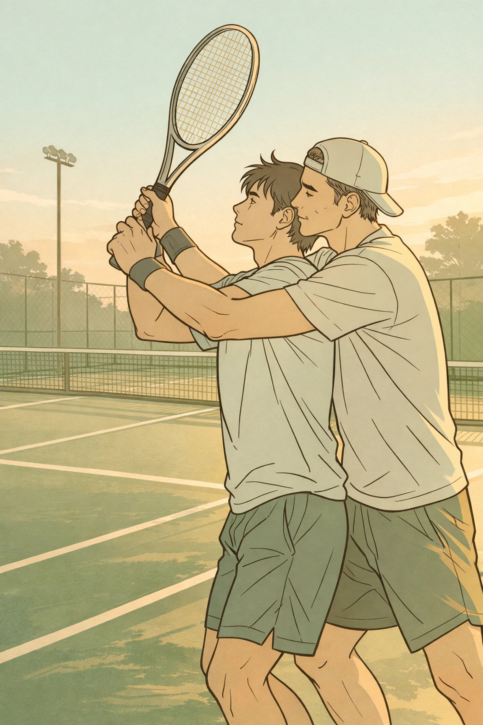 Gay tennis pro learning to serve with rugby player's guidance at dawn in intimate coaching scene