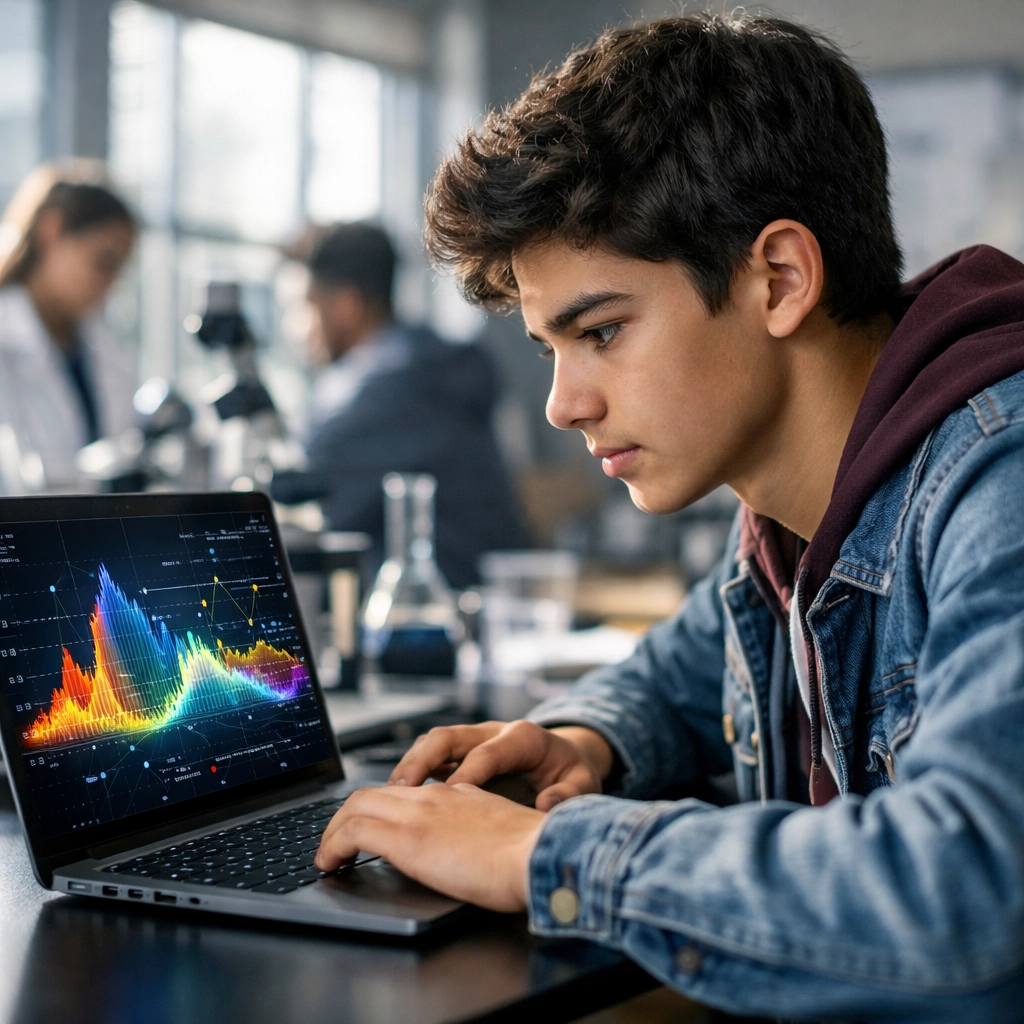 High school student learning data analytics on a laptop to build an AI talent pipeline.