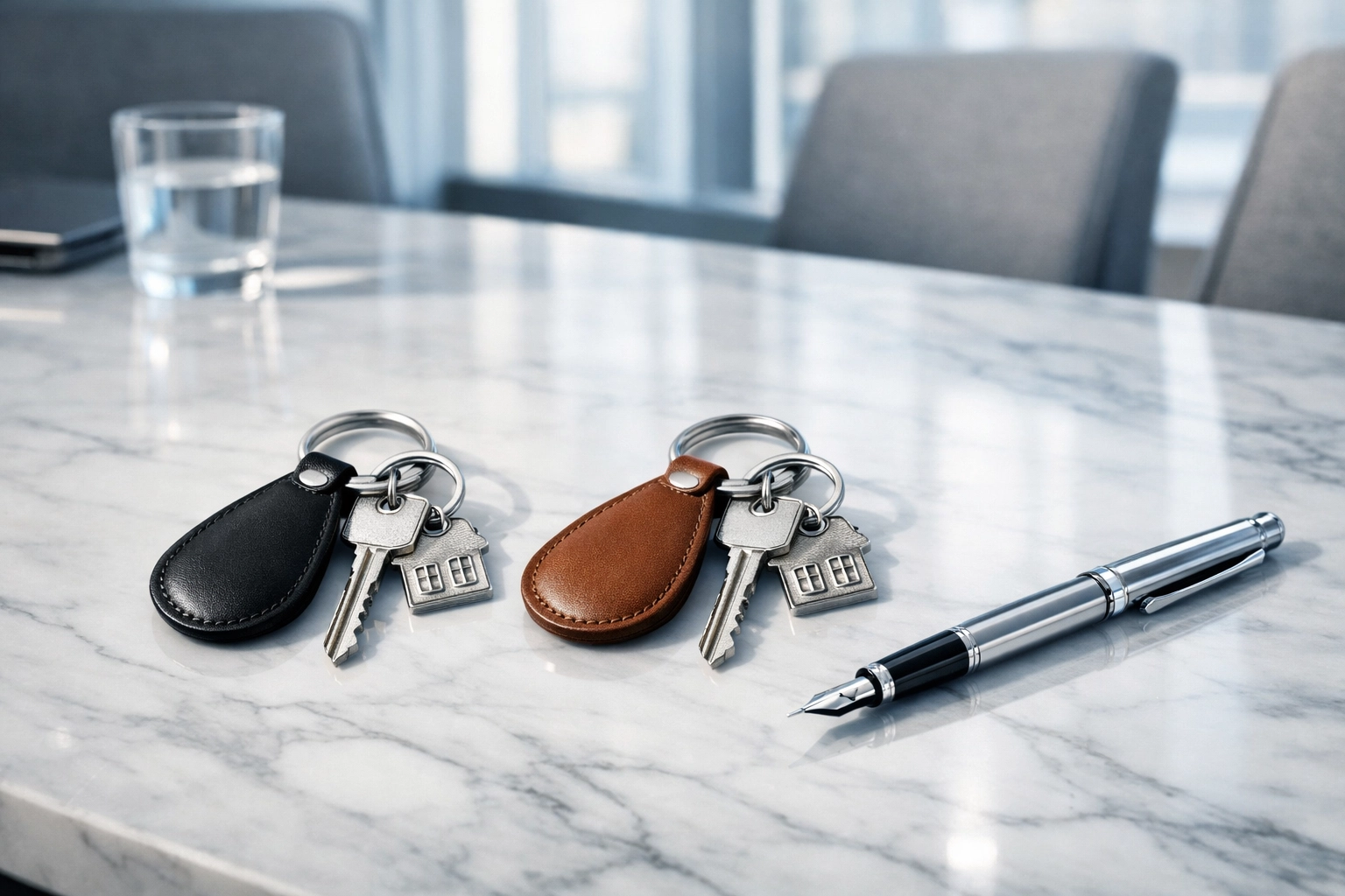 Two sets of house keys on a table representing a double closing real estate transaction.