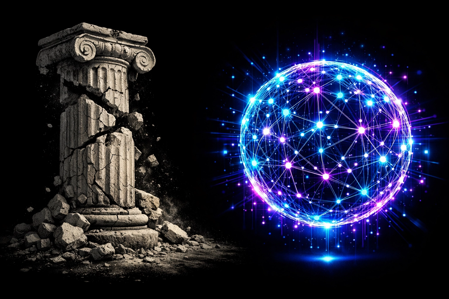 Cracked traditional education pillar next to a glowing AI Readiness Score data sphere.