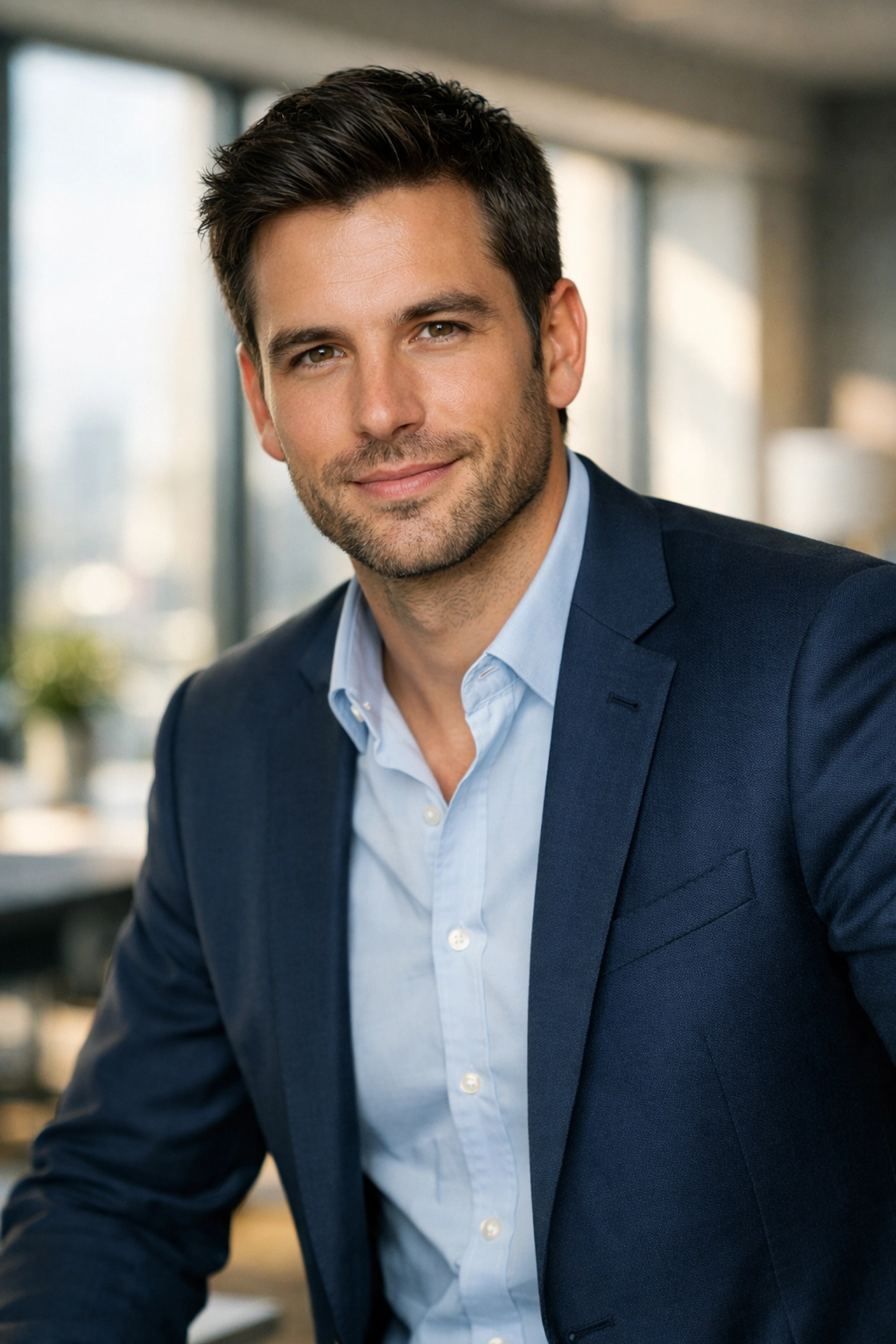 Young professional in a confident pose showing how to prepare for a headshot session.