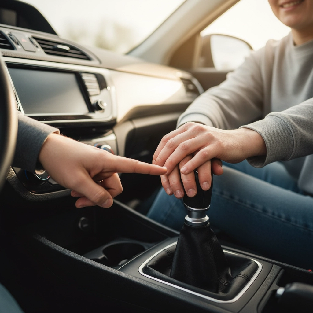 Hands on a car gear shift, one hand guiding another in a sunny car interior. Display shows a peaceful and instructional mood. Driving lessons in Derby.