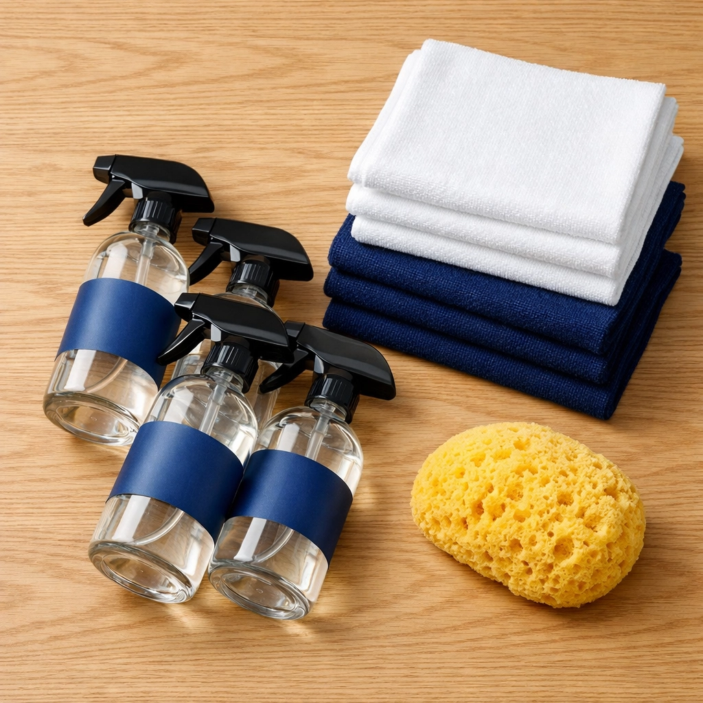 Professional eco-friendly spray bottles and cloths for luxury house cleaning in Chestnut Hill.