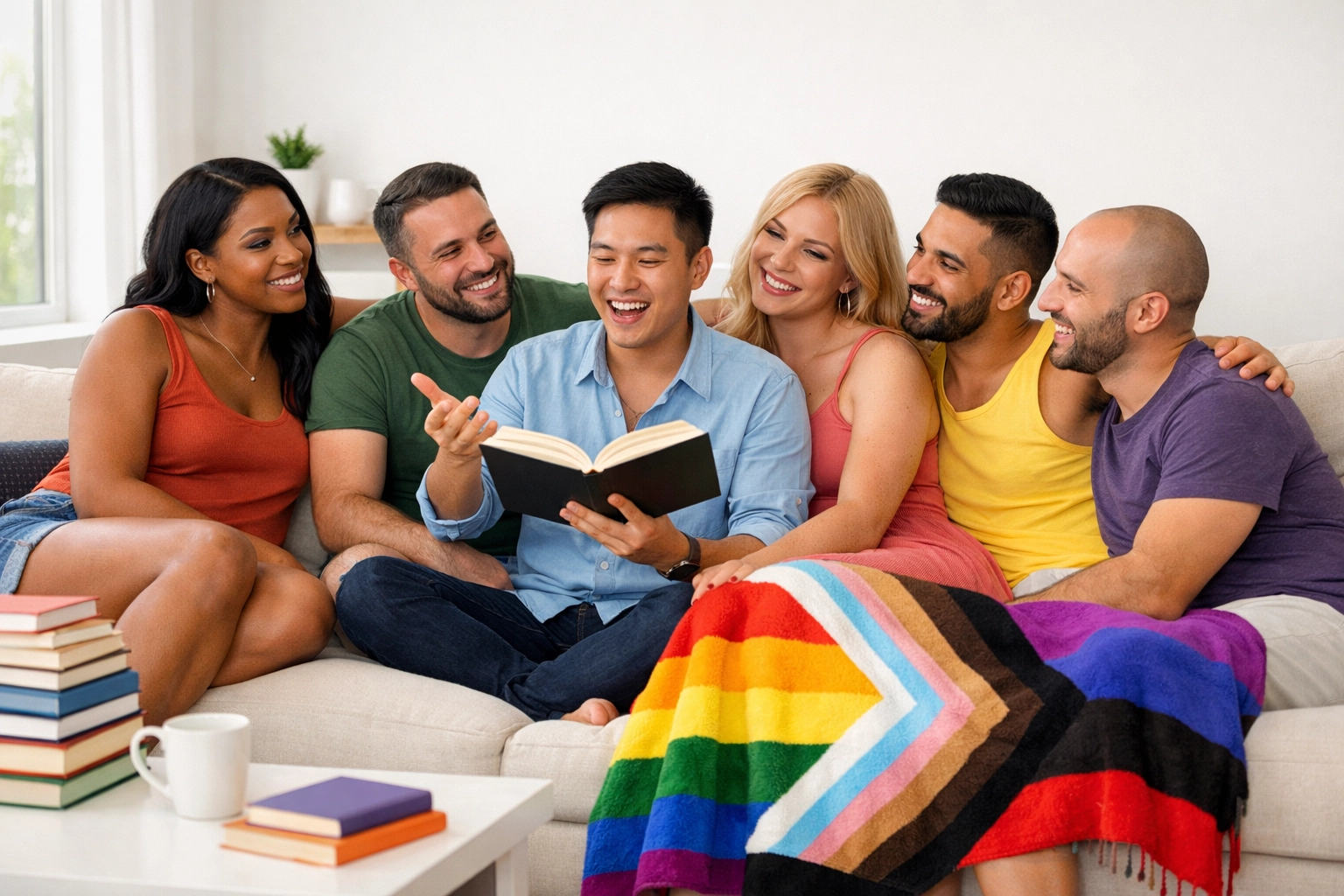 A diverse group of queer friends sharing a book together, highlighting the power of LGBTQ+ found family.