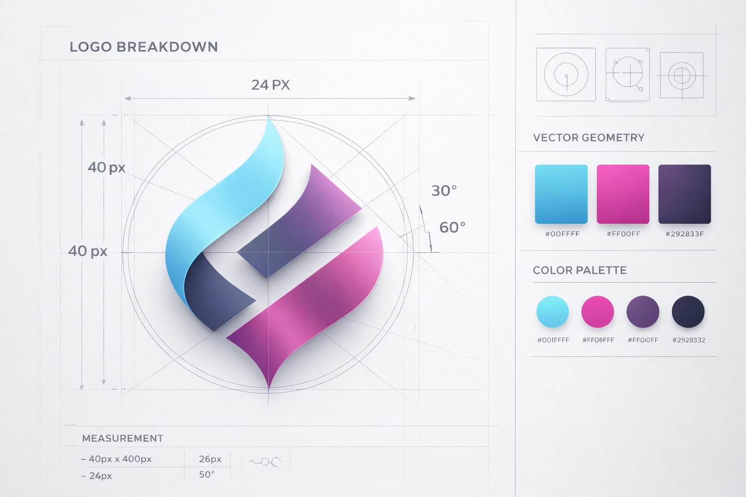 Professional logo breakdown showing technical grid lines and brand color swatches for visual accuracy.