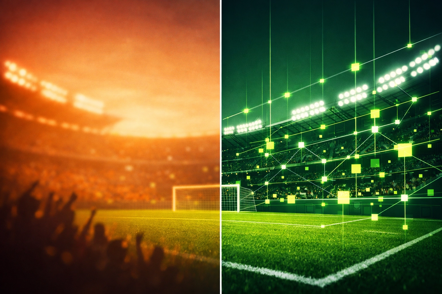 Comparison of hazy gut feelings versus clear football betting analytics at a stadium.