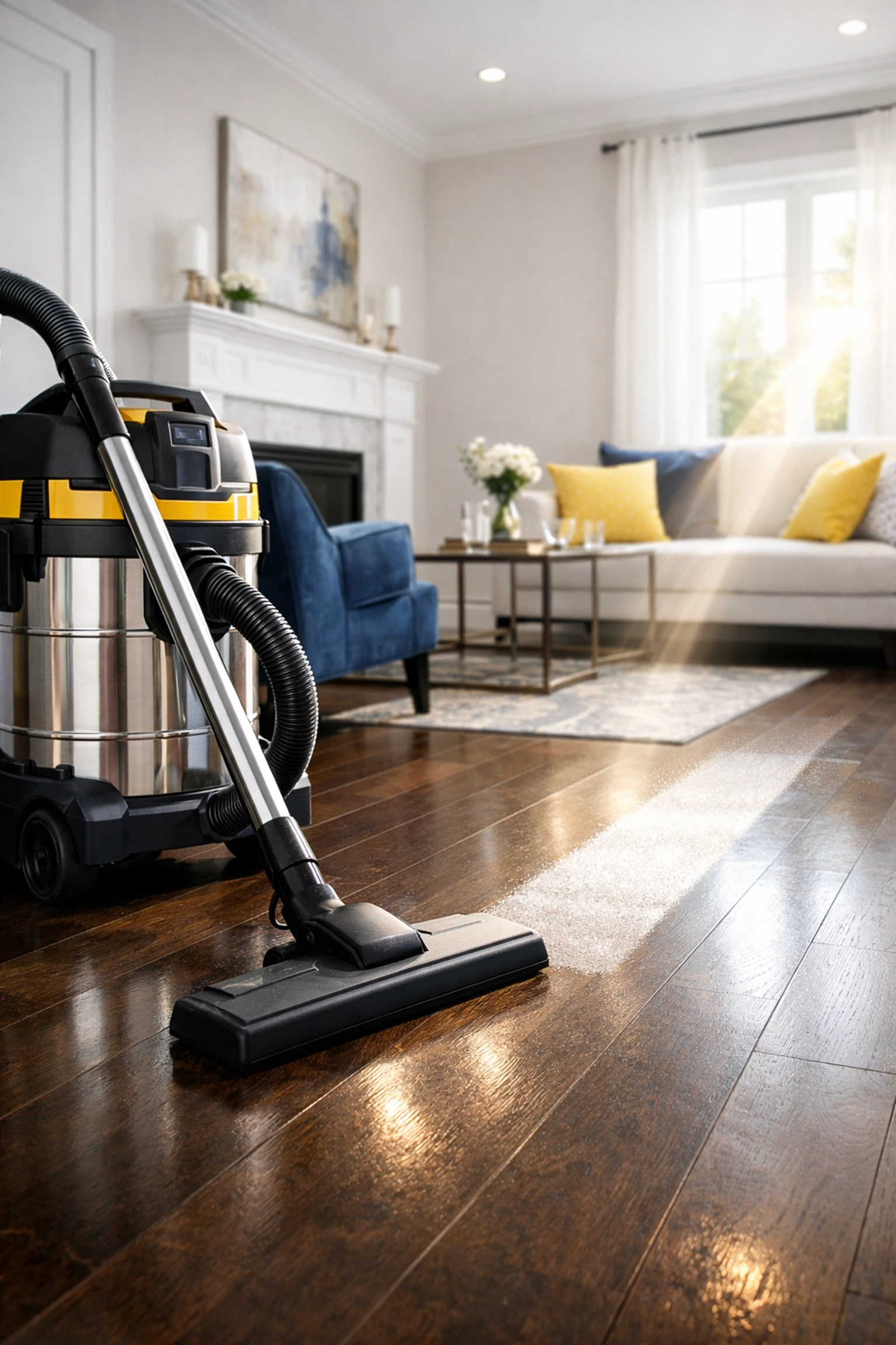 Professional HEPA-filter vacuuming removing dust during post construction cleaning in a Leominster home.