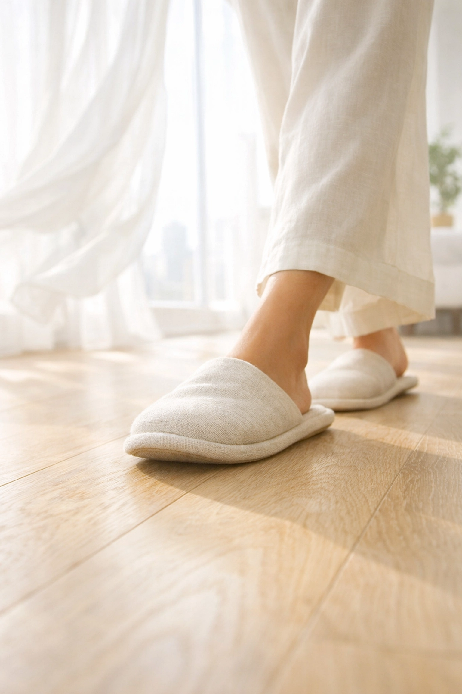 Gentle steps in slippers on a light wood floor illustrating early mobilization during C-section recovery.