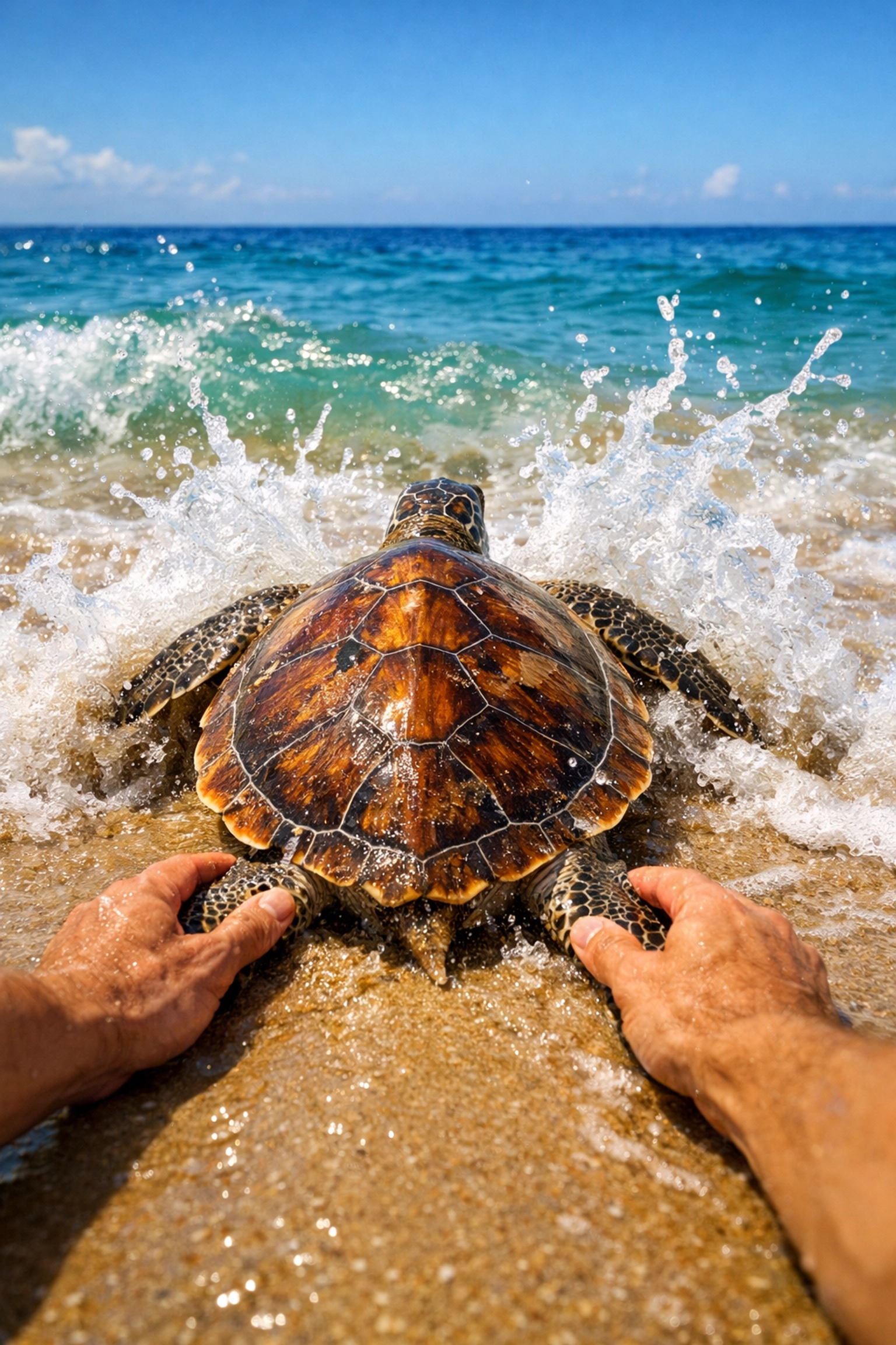 Conservationist releasing a sea turtle into the ocean, demonstrating the impact of zoo memberships.