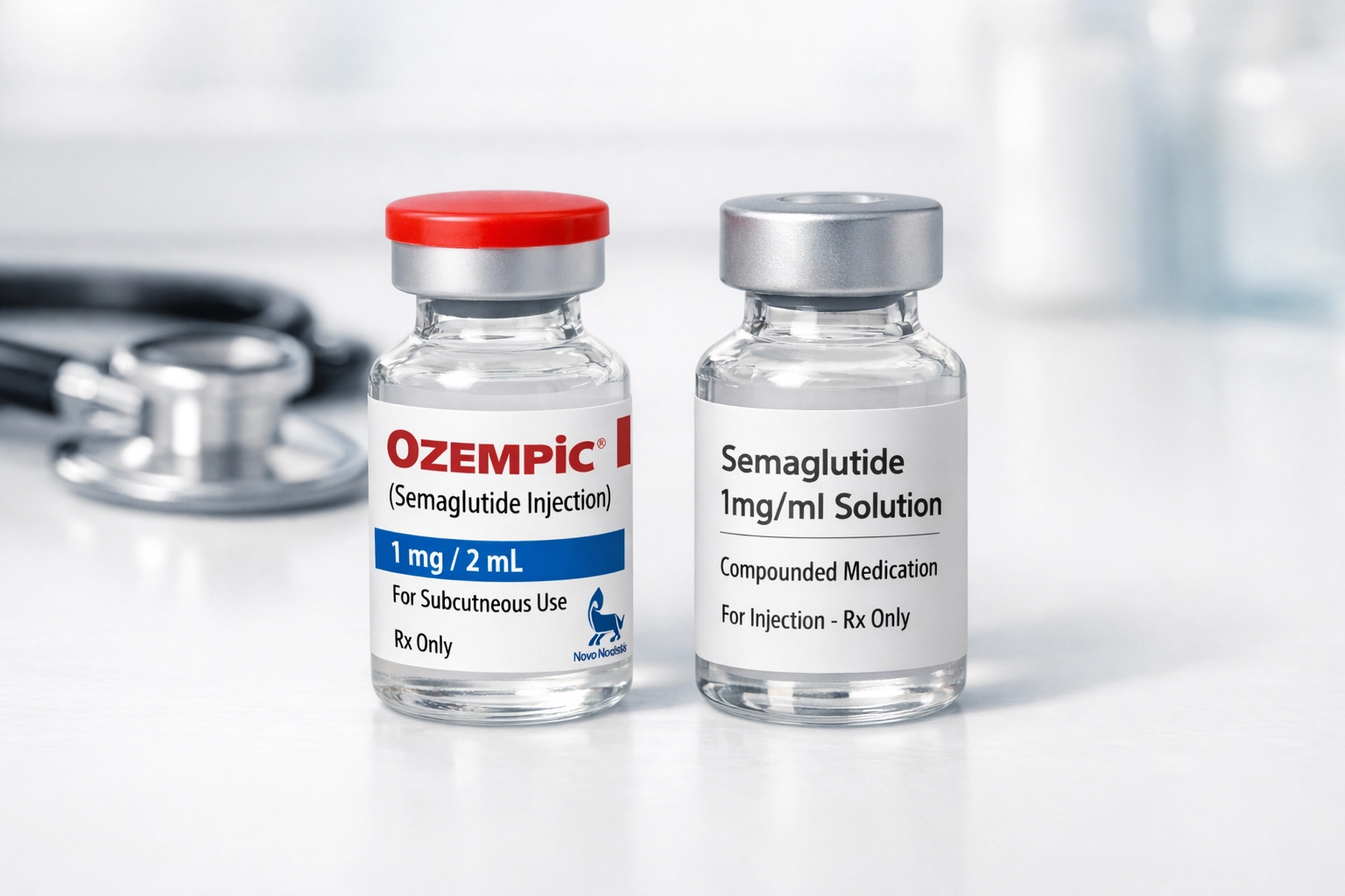Wegovy and compounded semaglutide vials side by side on medical counter