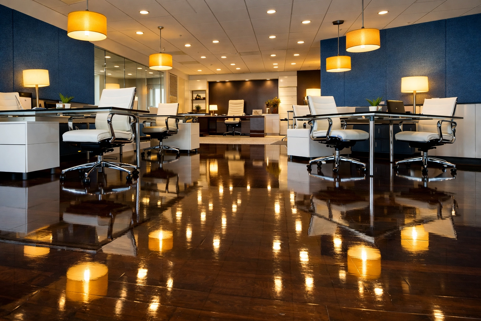 Clean open-concept office in Holliston with shiny floors highlighting expert commercial cleaning.