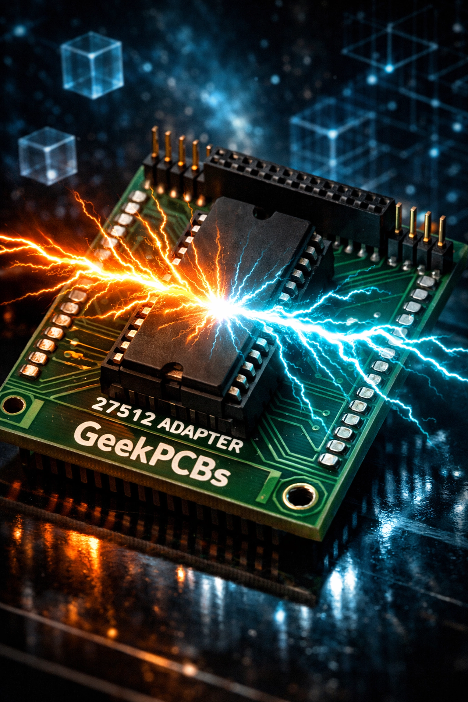 High capacity 27512 EPROM adapter by GeekPCBs designed to simplify vintage arcade and pinball board hardware.