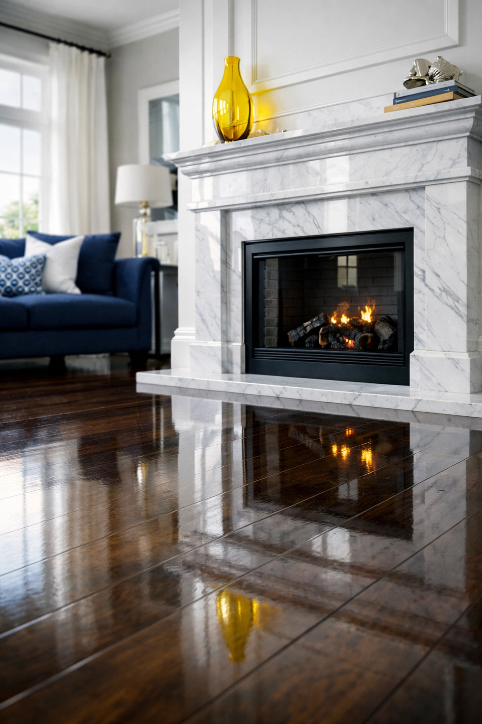 Spotless dark oak floors and marble fireplace in a Shrewsbury home maintained by consistent house cleaning.