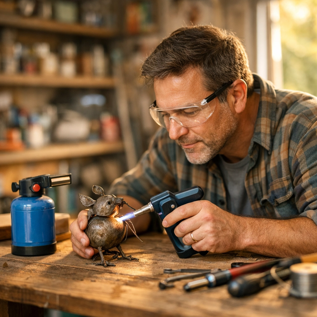 DIY enthusiast using a portable gas canister for a small welding repair in a home garage.