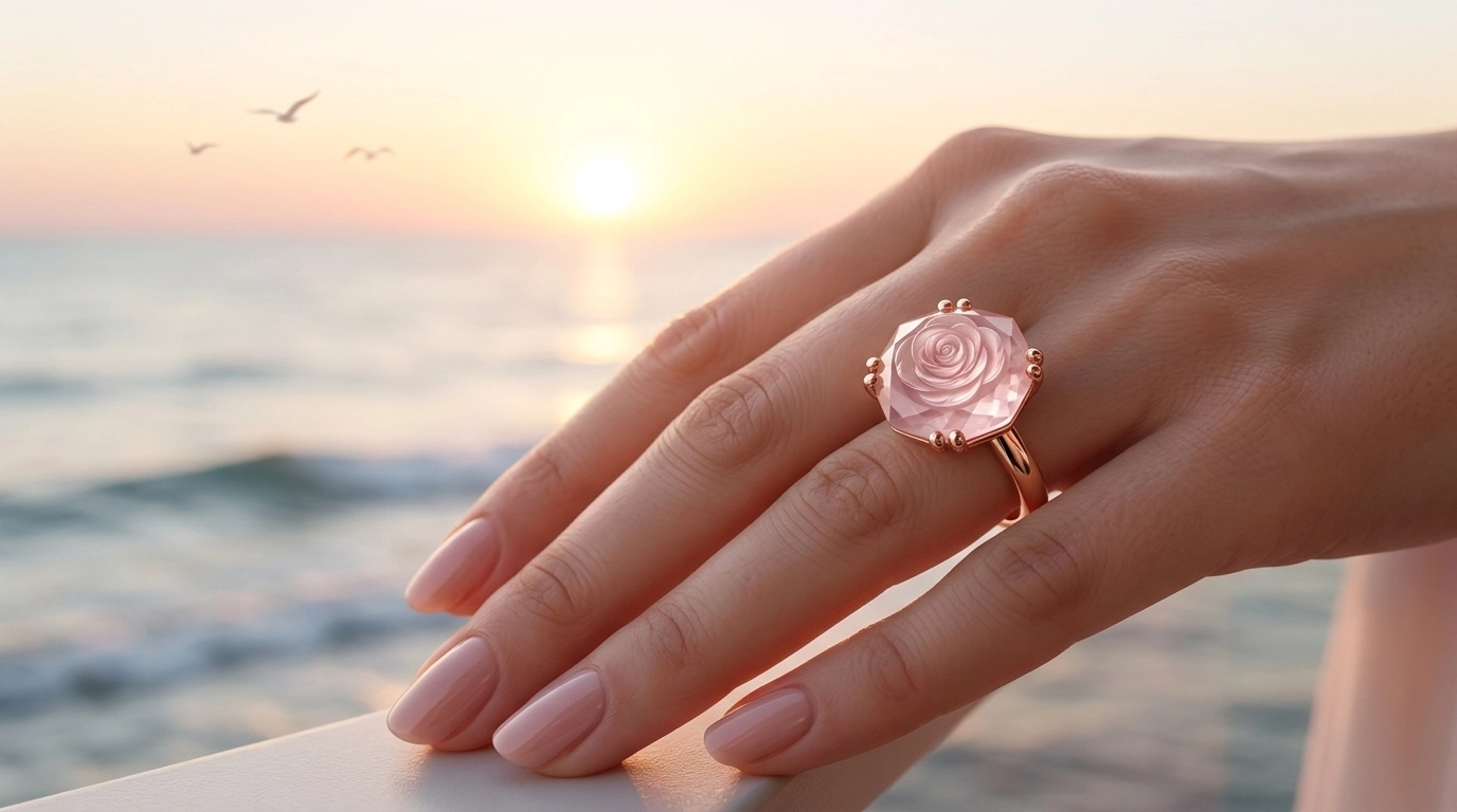 An exquisite gold ring on a woman's hand against a sunrise backdrop, symbolizing freedom and a new chapter.