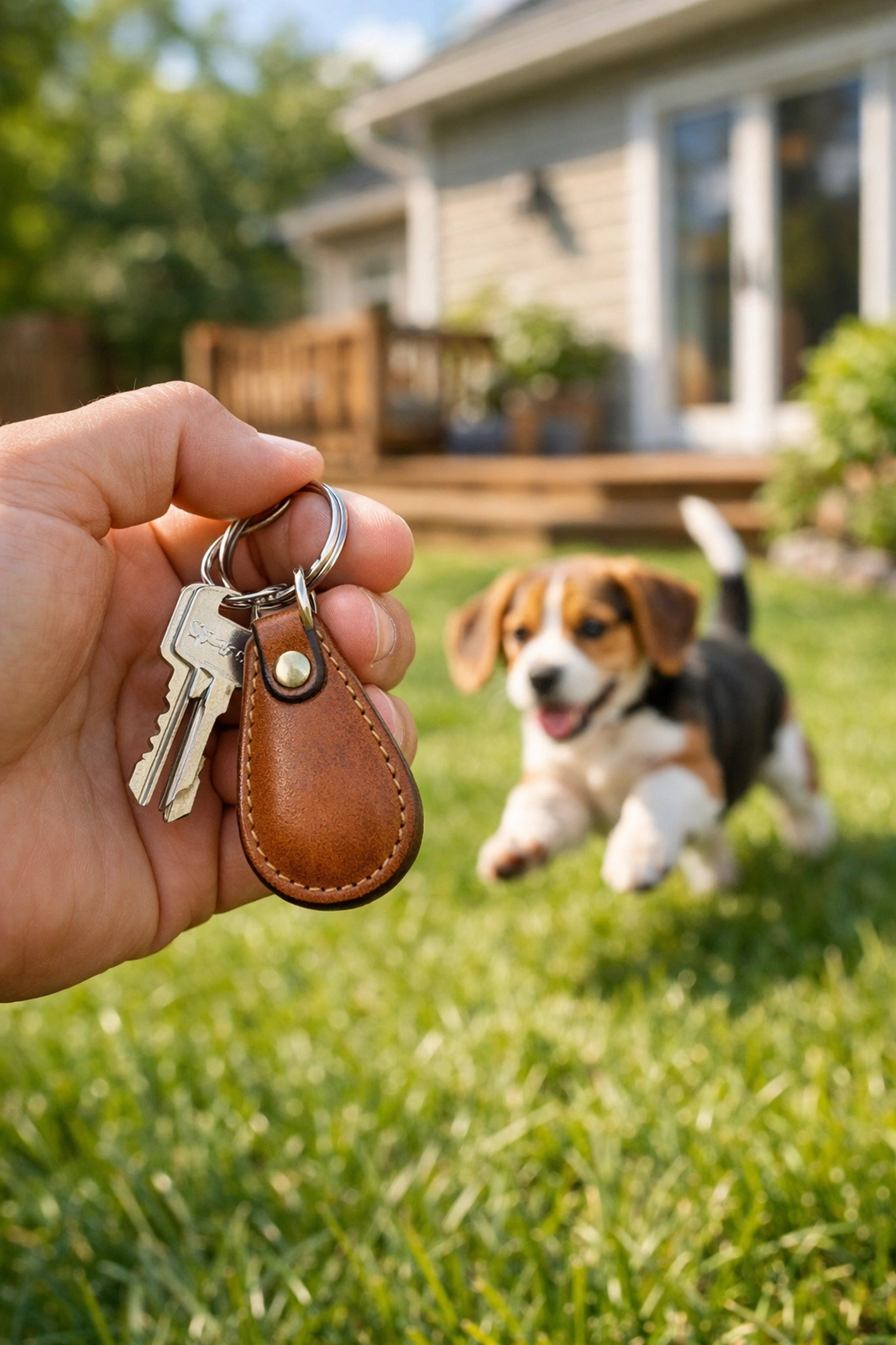 Hand holding keys with a puppy in the yard, representing a fresh start after a Raymore Missouri home sale.