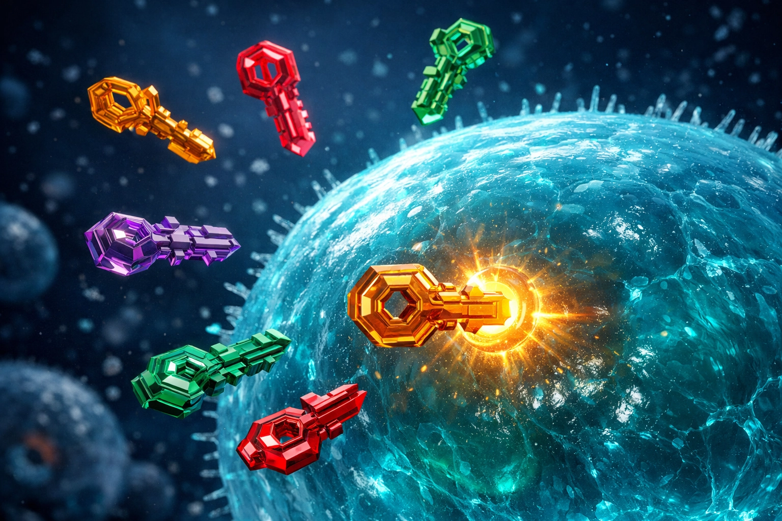 Seven different forms of magnesium shaped like keys entering a human cell membrane for optimal absorption.