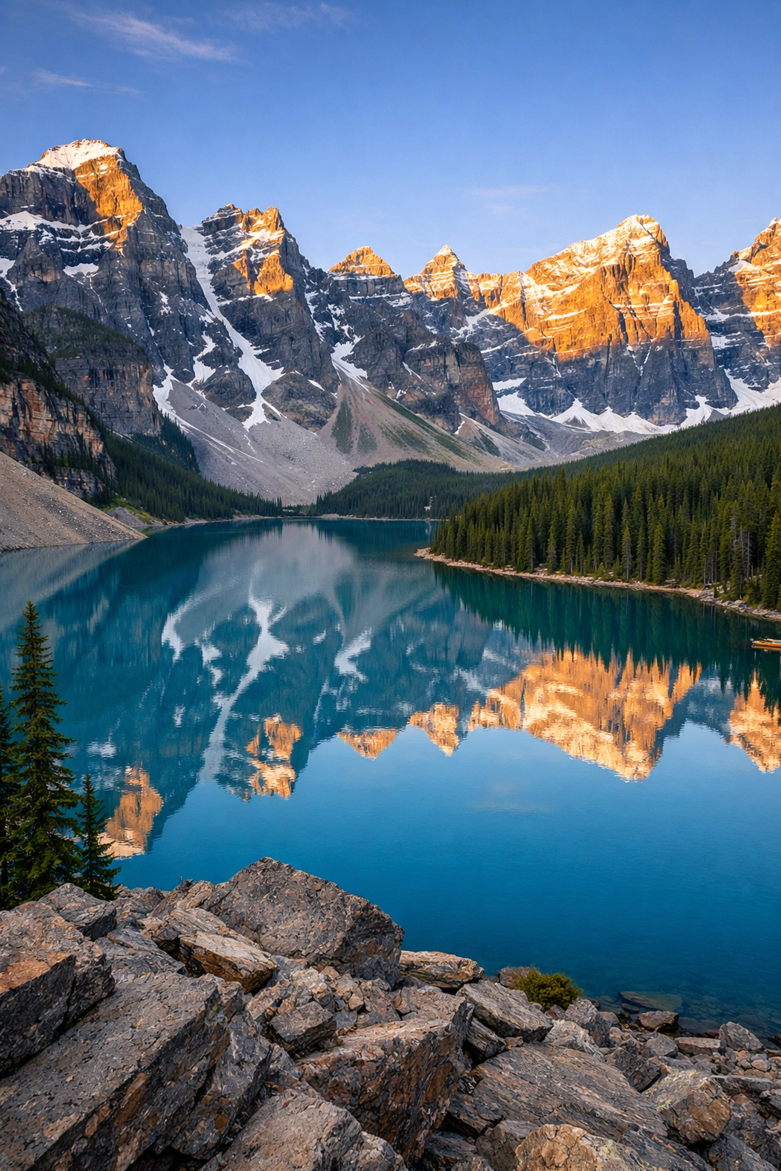 Stunning turquoise Moraine Lake and Ten Peaks reflection in Banff National Park, a top photography location.