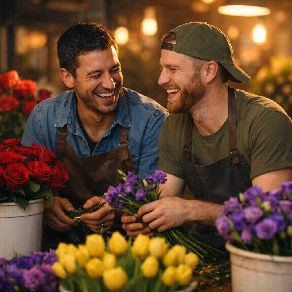 Two gay florists laughing together at early morning flower market surrounded by colorful blooms