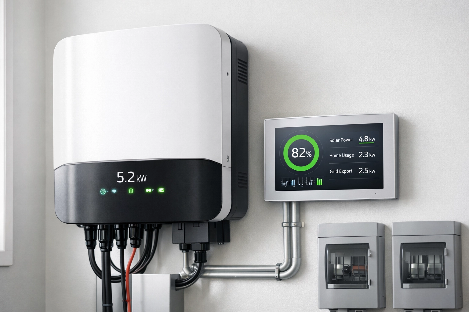 High-end solar inverter and monitoring system professionally installed in a modern utility room.