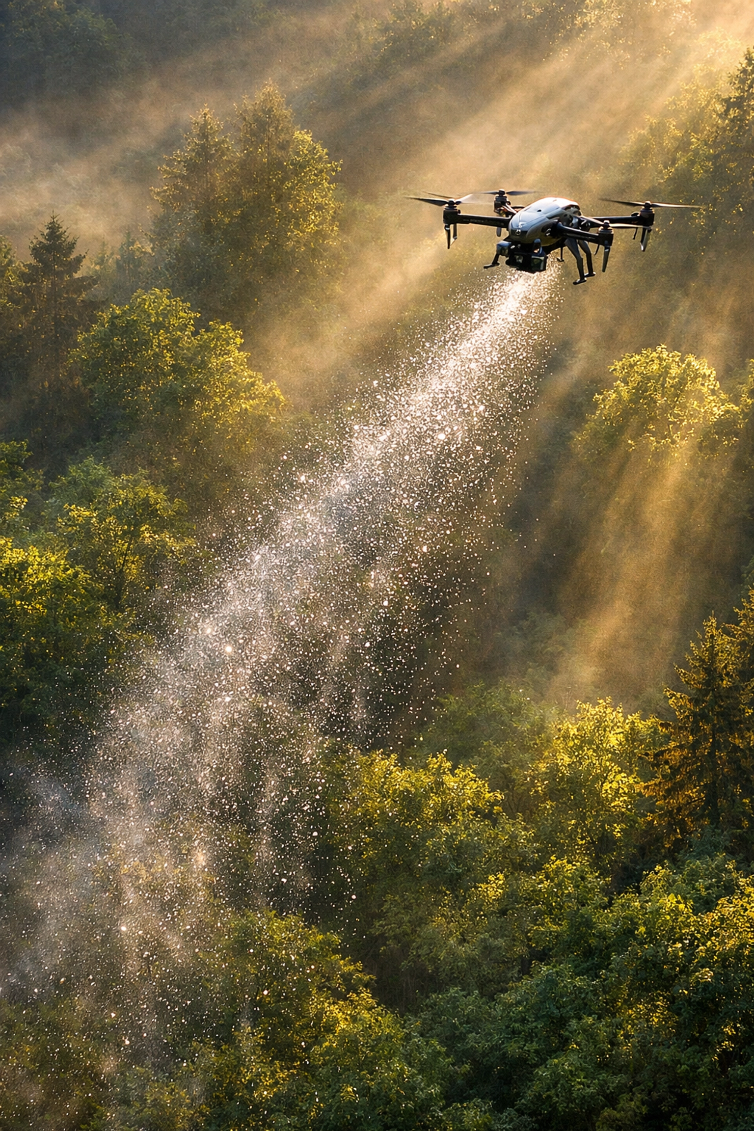 Dignified drone ashes scattering over a lush forest canopy during a peaceful memorial service.