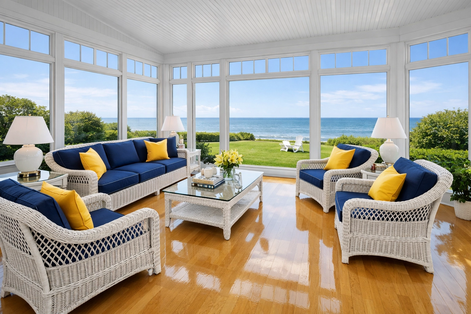 Immaculate coastal sunroom in Manchester-by-the-Sea showing professional cleaning results.