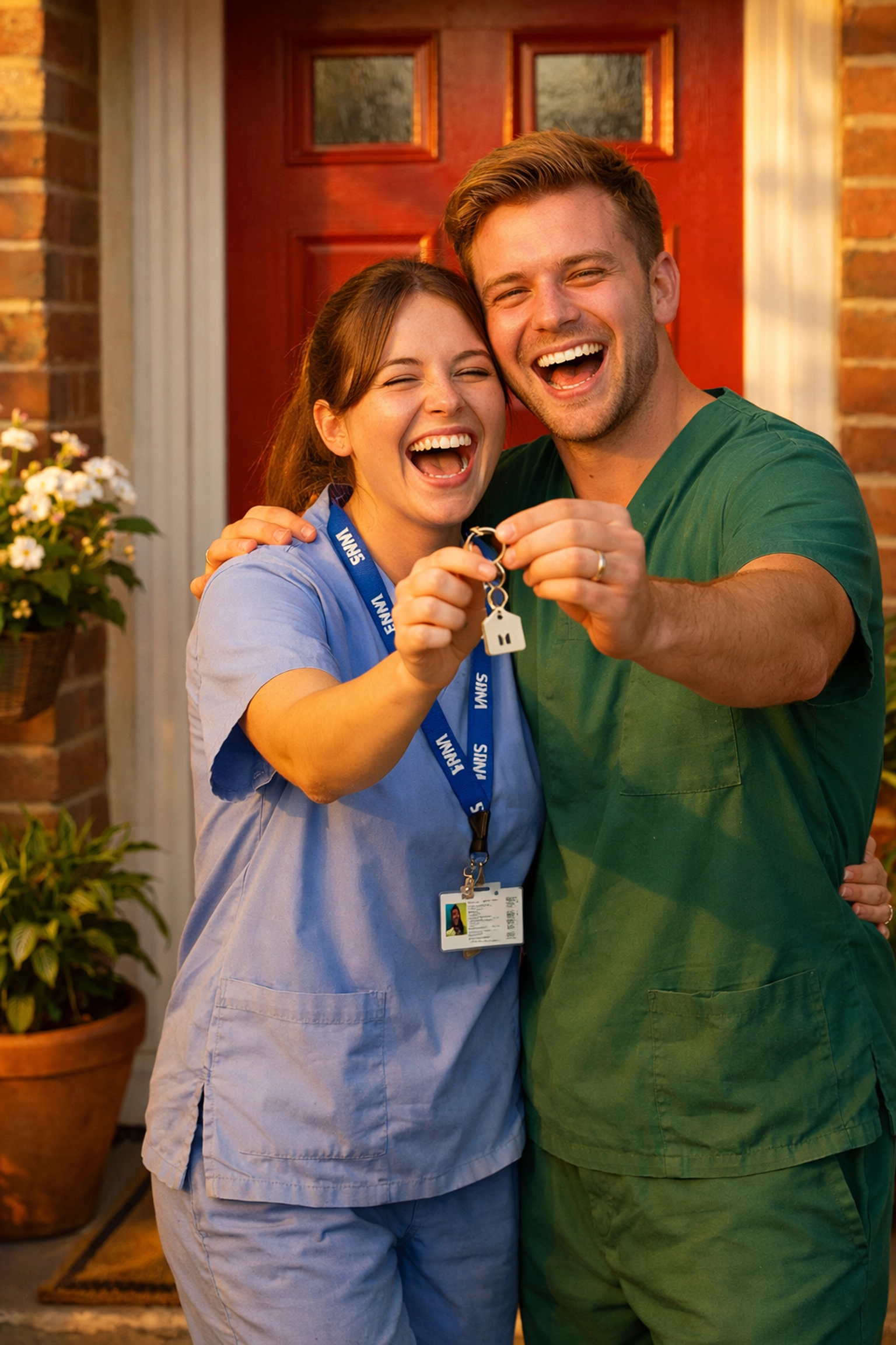 Happy nurse couple celebrating with keys to their new first home in Greater Manchester