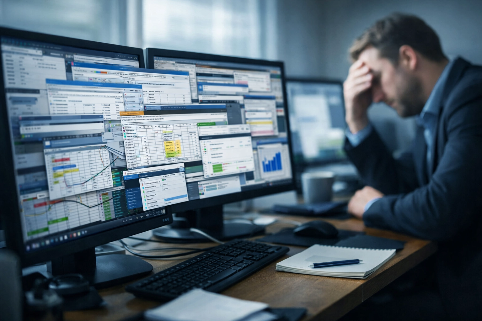 Business professional overwhelmed by multiple off-the-shelf software interfaces and complex workflows