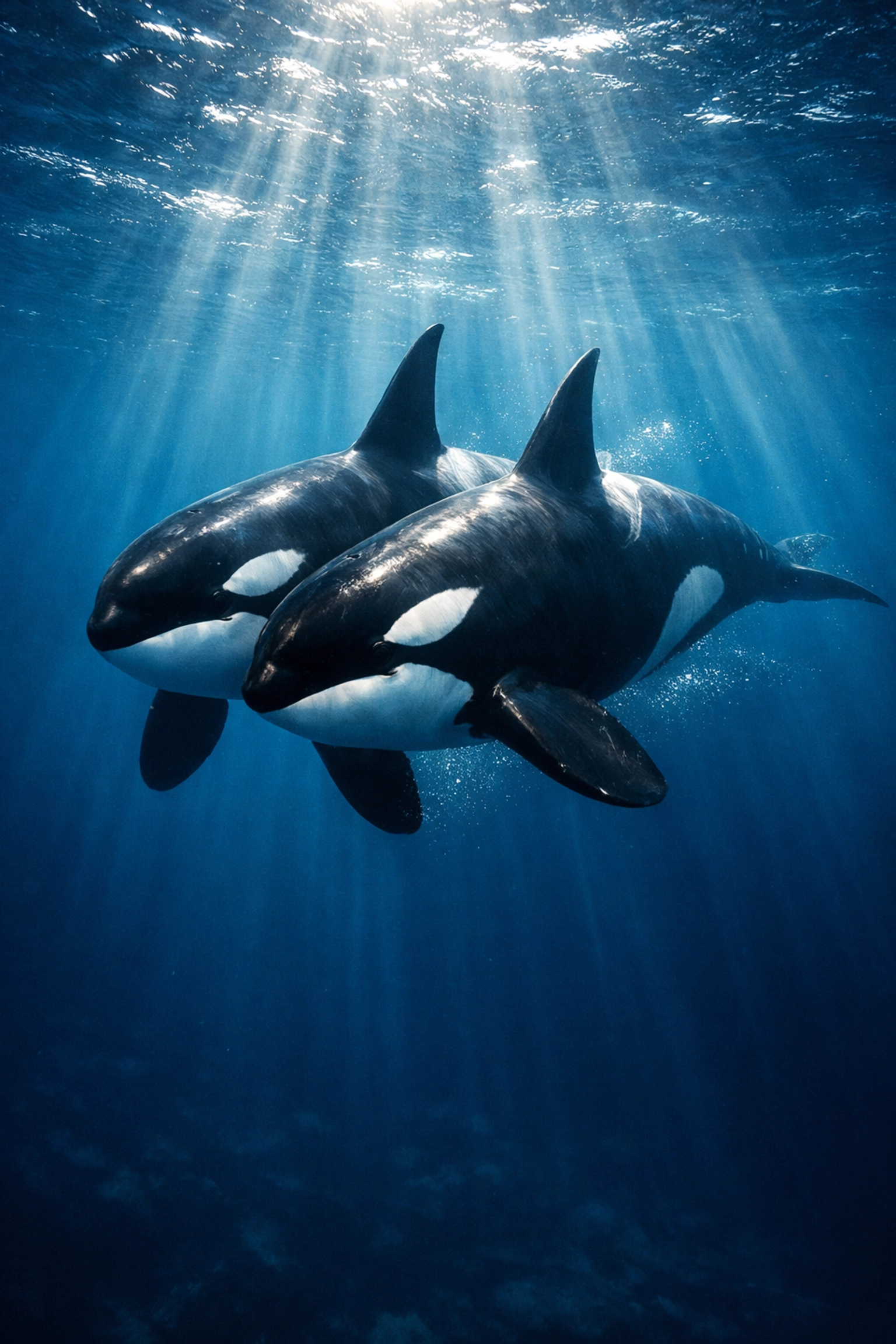 Two male orcas swimming in close synchronicity, representing the deep social bonds that ensure their survival.
