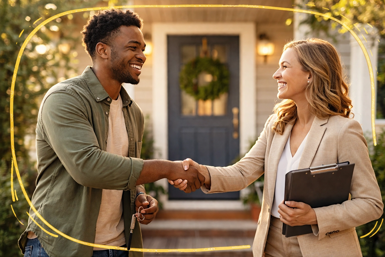 Two people shaking hands in front of a home, celebrating successful negotiation for an older home listing.