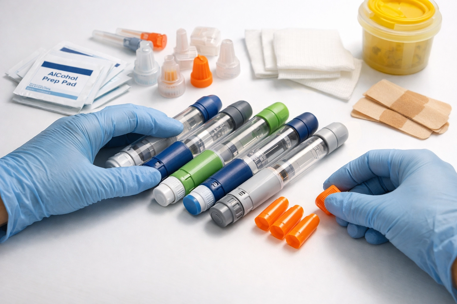 Pre-filled weight loss injection pens and medical supplies organized by healthcare professional