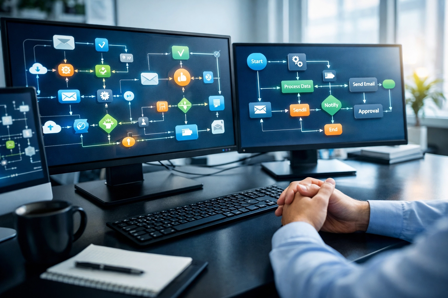 Automated workflow processes on business monitors showing AI-powered task automation without manual work