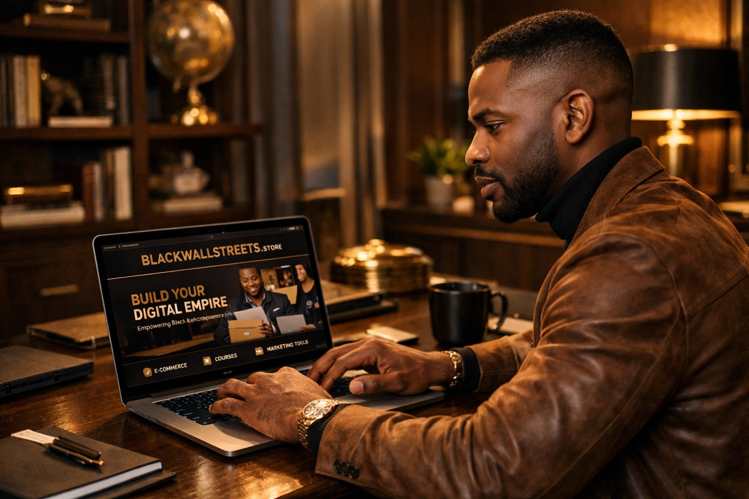 Black entrepreneur in a home office browsing blackwallstreets.store to support Black-owned businesses.