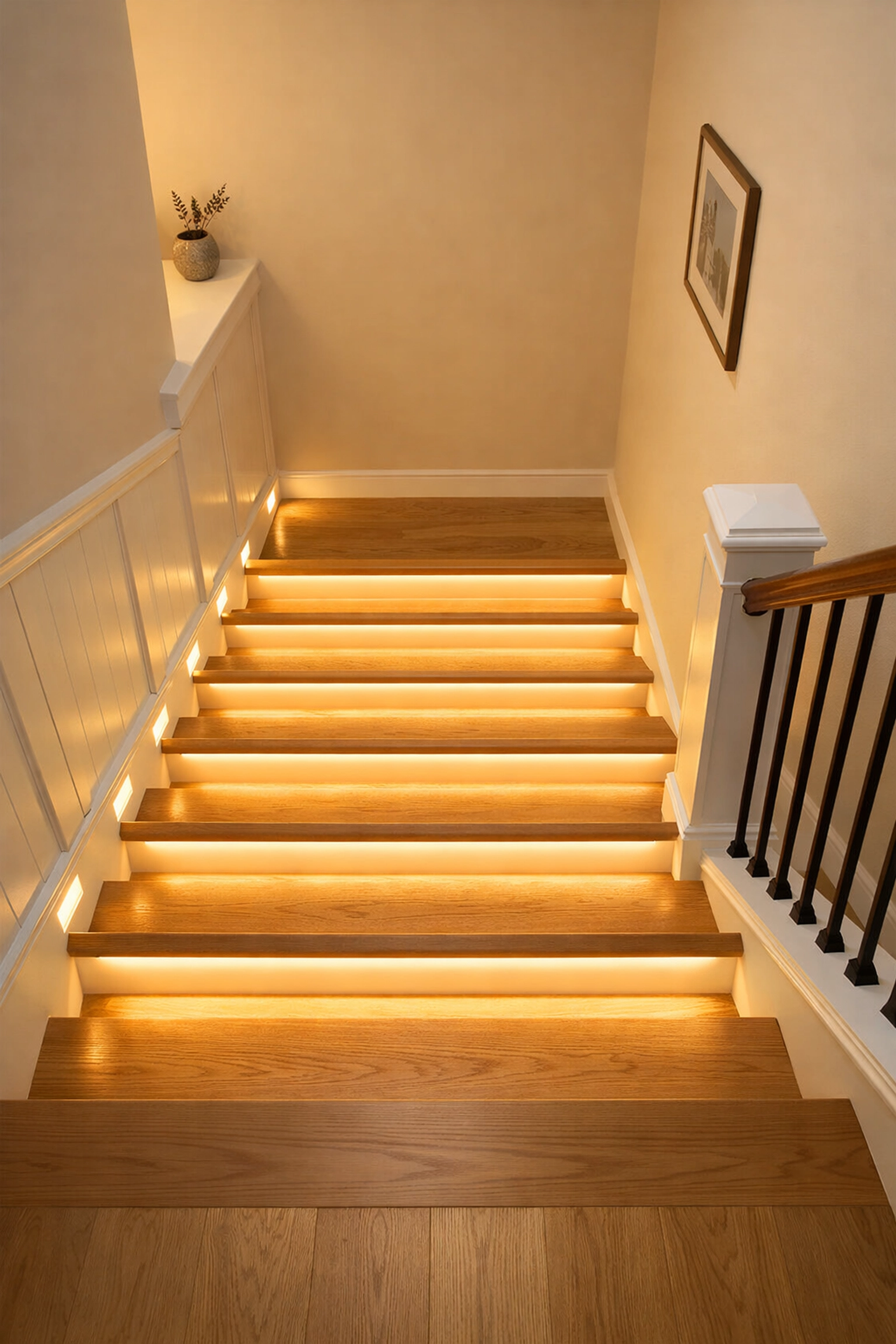 Staircase illuminated by warm LED step lights on the risers to improve visibility and prevent falls.