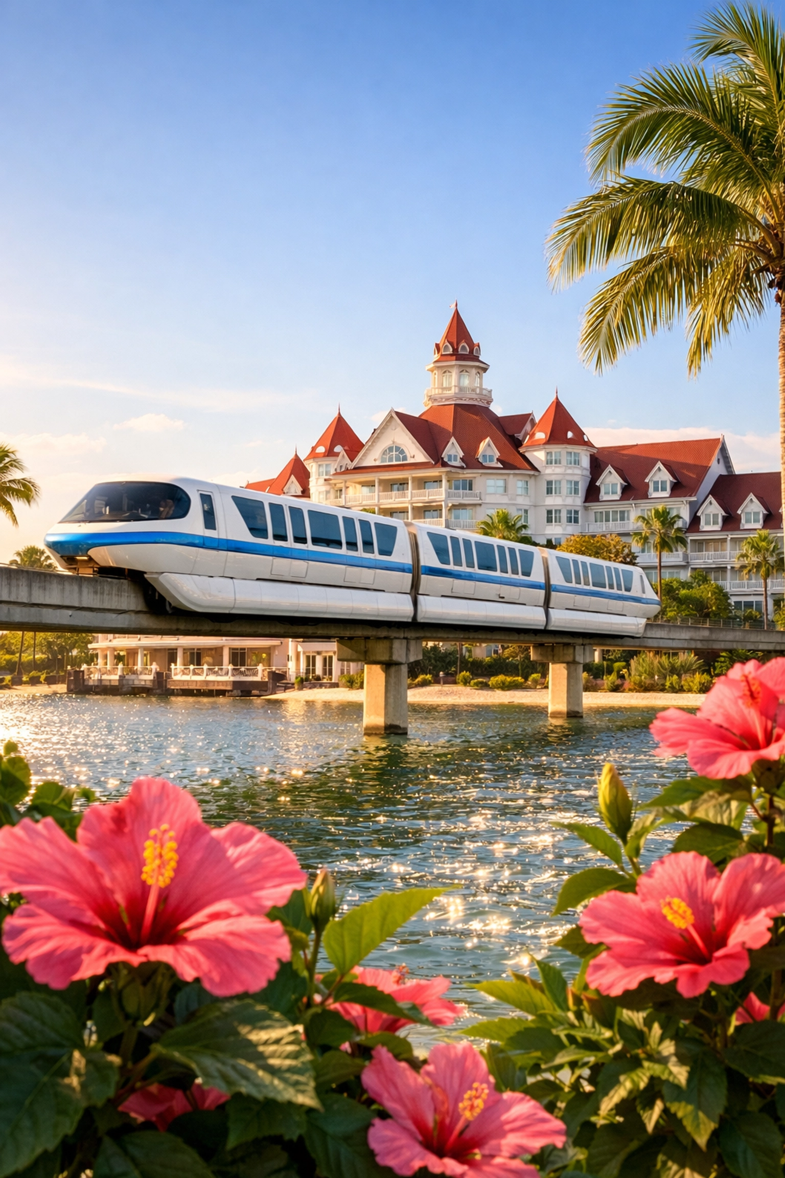 A monorail passing a luxury Victorian-style Disney resort, highlighting the best park-access locations.