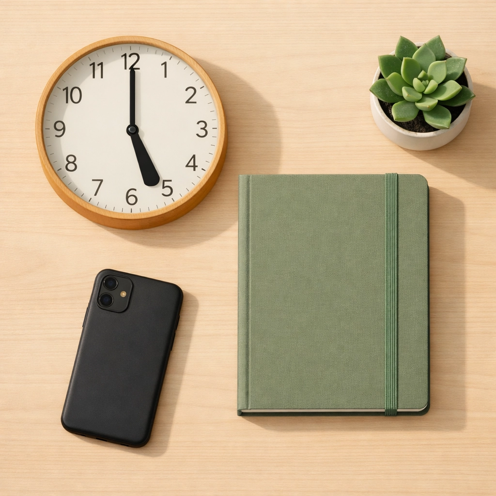 Organized desk setup with clock showing 5:00 PM, closed notebook, and phone representing evening boundaries