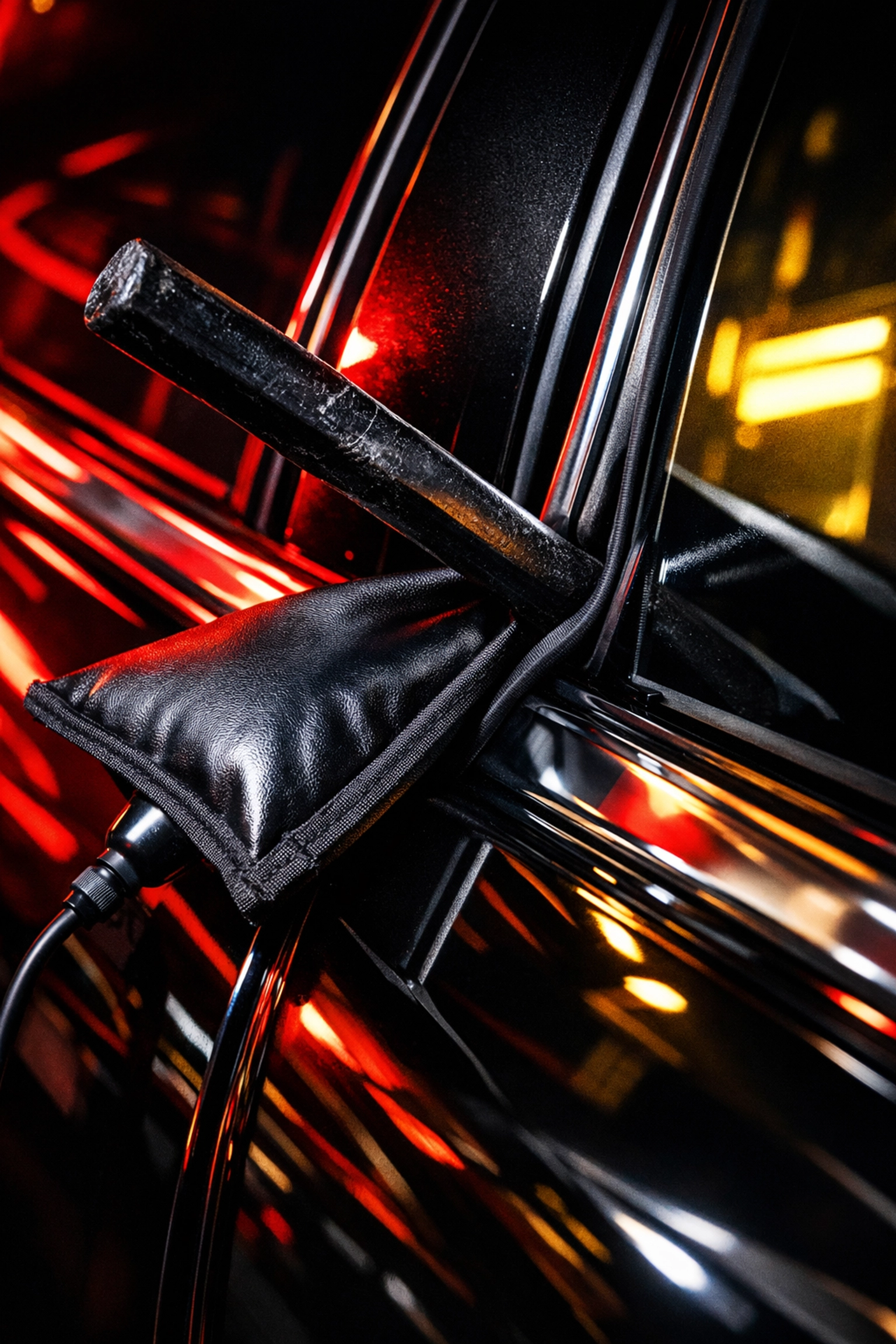 Close-up of car door damage caused by a cheap locksmith using crude wedges and metal rods.