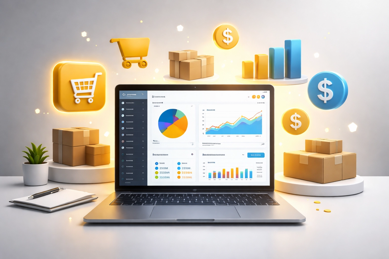 Laptop displaying Amazon ads management analytics dashboard with e-commerce performance metrics and reporting tools