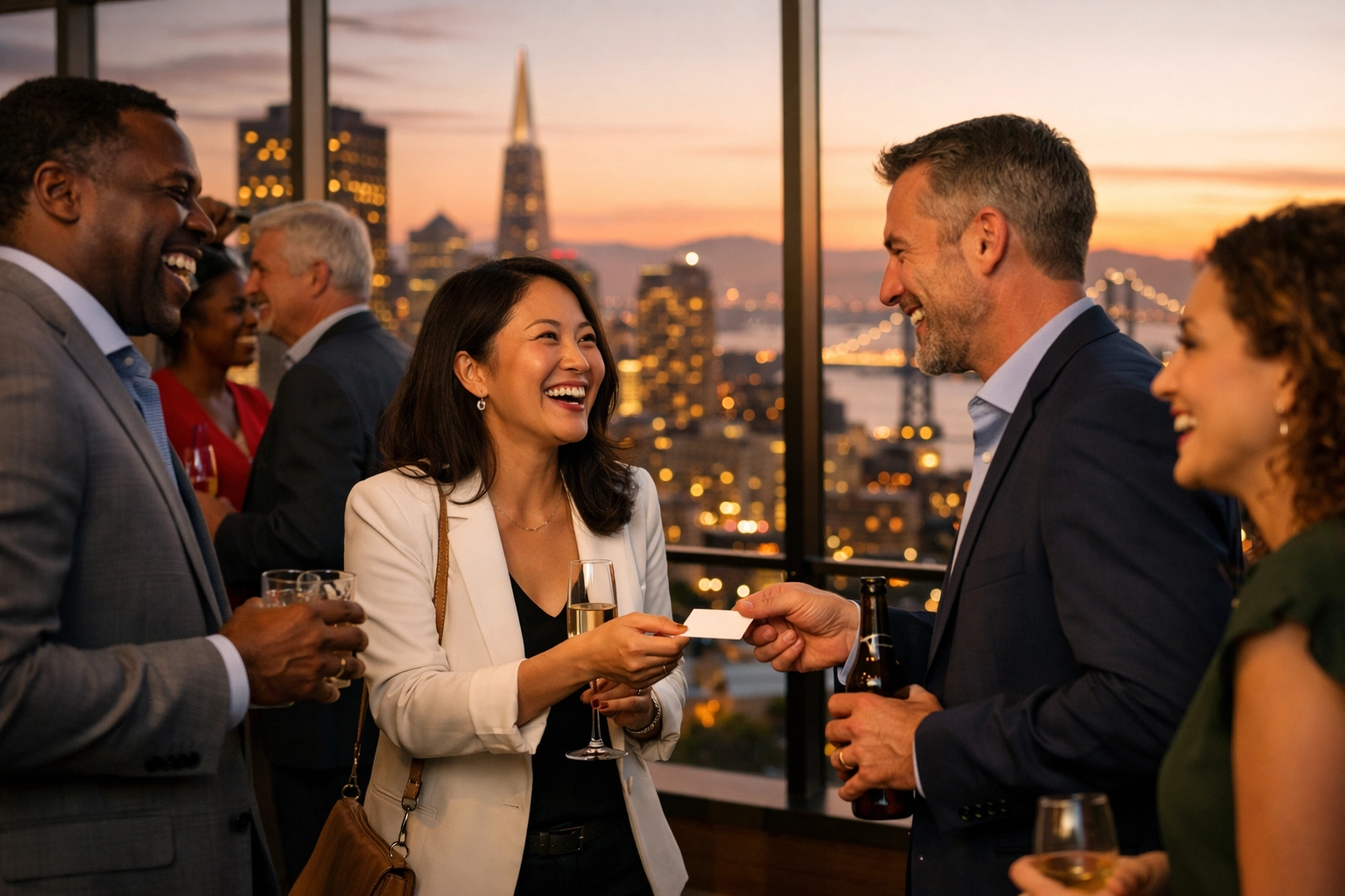 Candid business event photography of professionals networking during a corporate event in San Francisco.