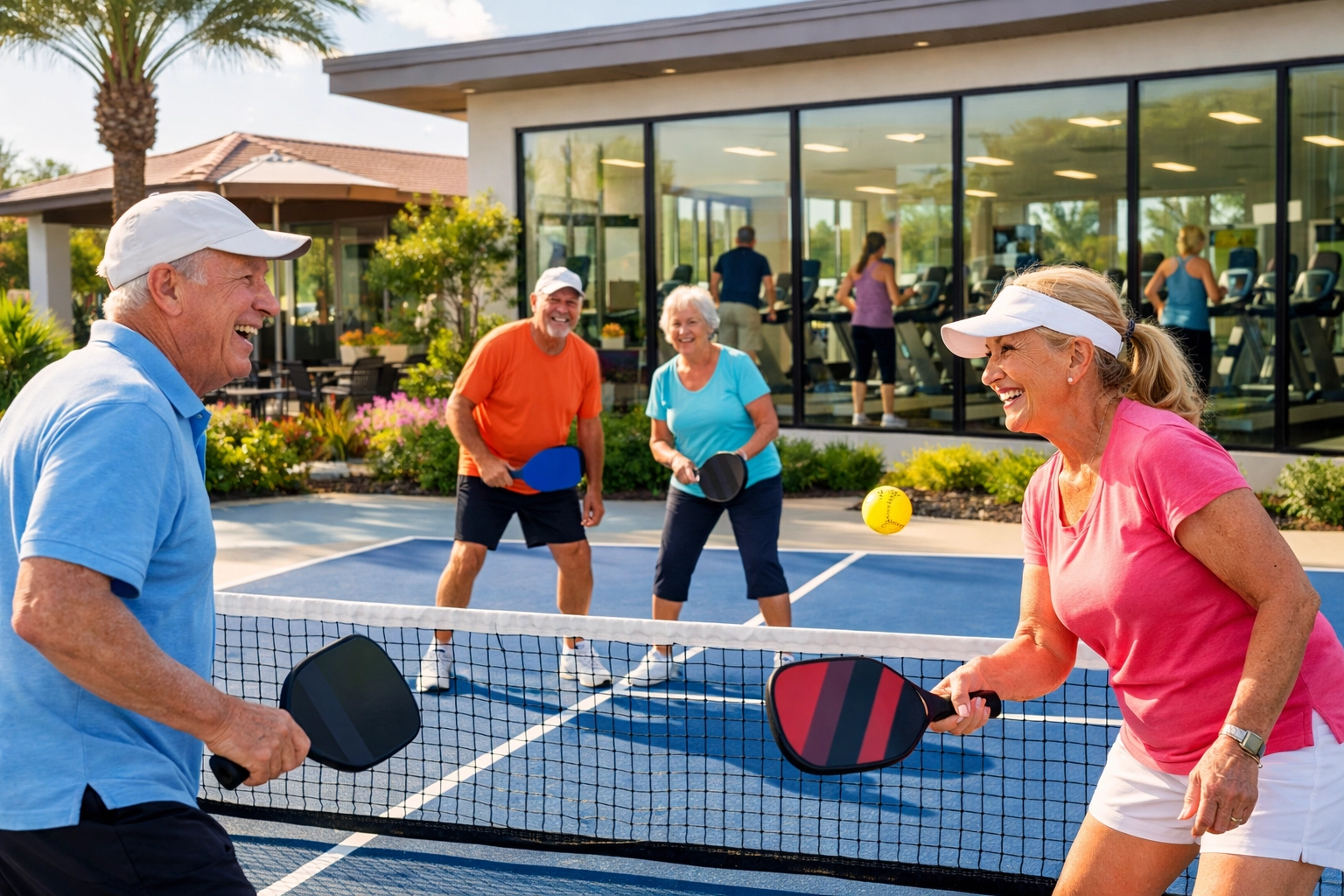 Active seniors enjoying pickleball and fitness amenities at Bucks County 55+ community