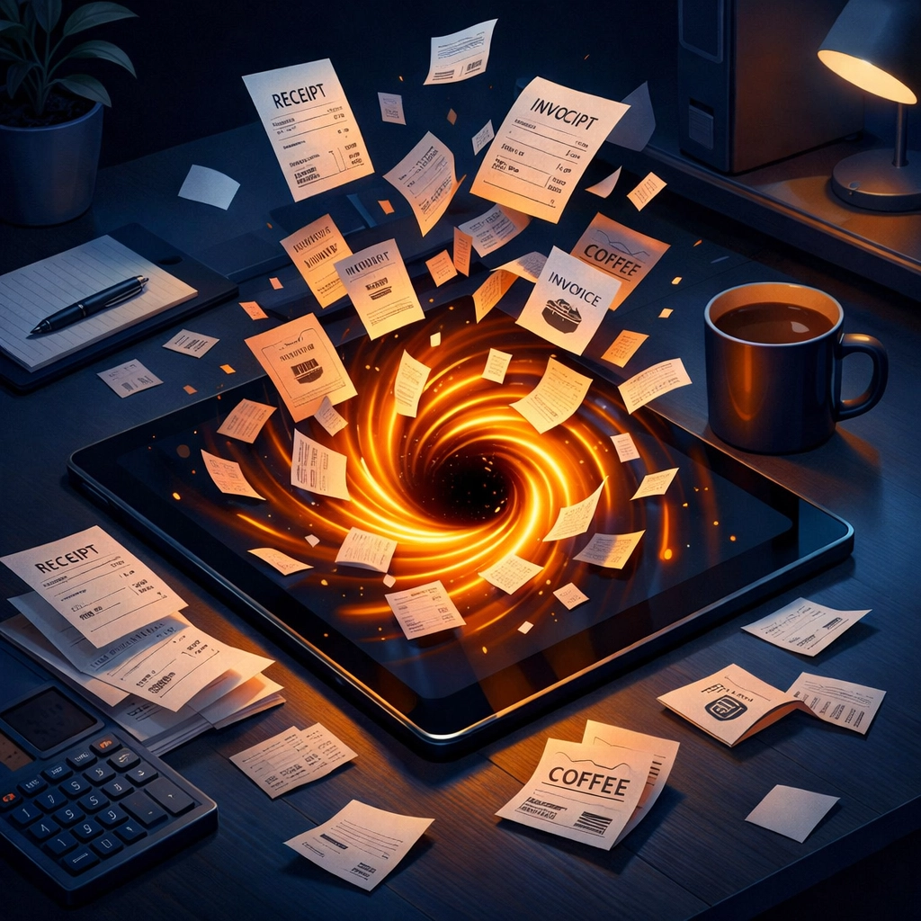 Disorganised receipts being pulled into a digital tablet representing the importance of expense categorisation.