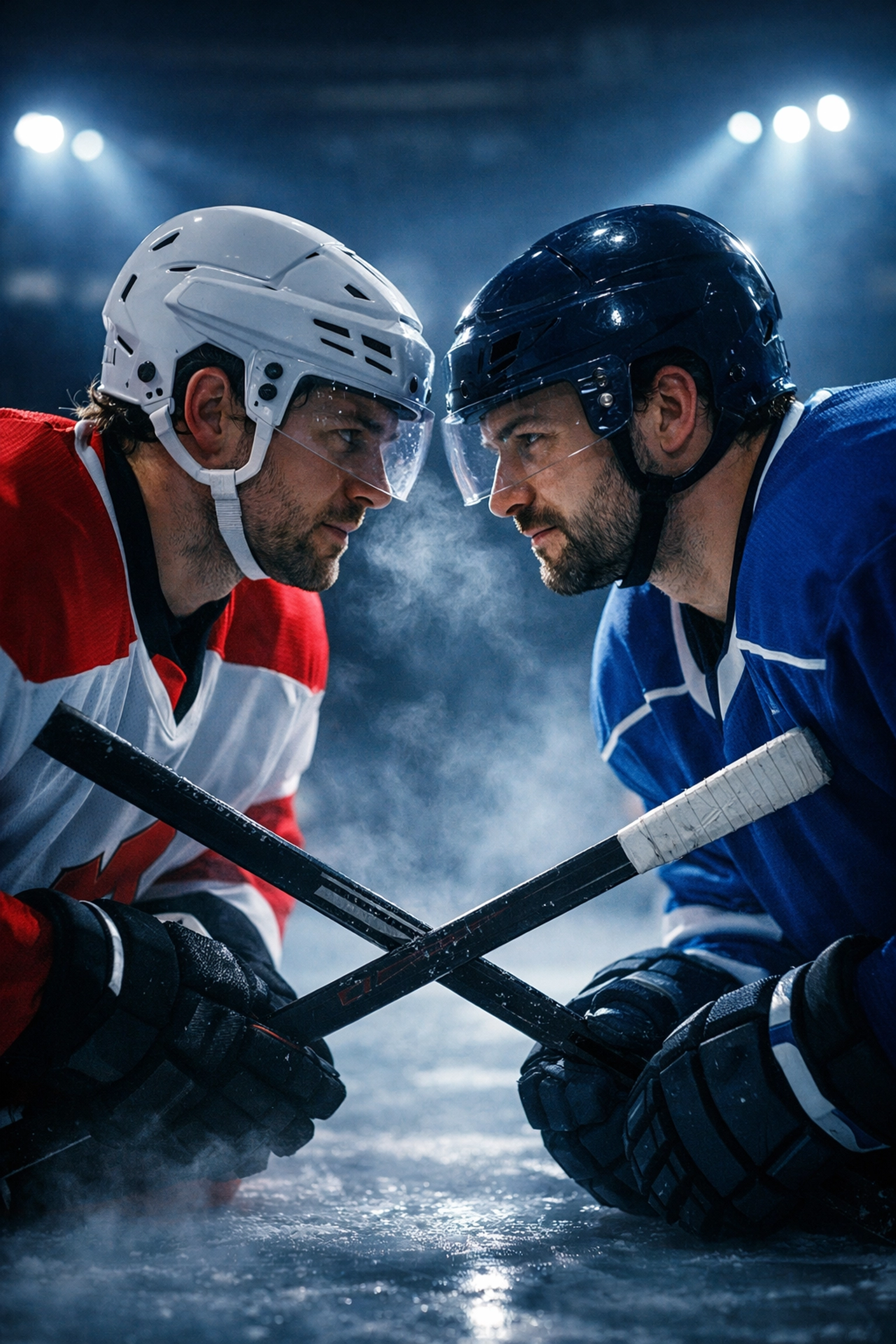 Two male hockey players from rival teams share an intimate moment on Olympic ice