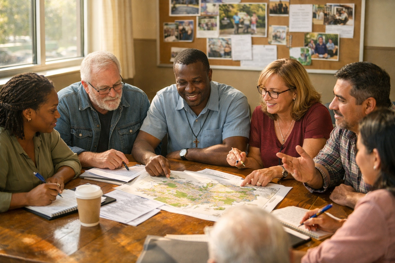Business owners and church leaders meeting to plan community partnership strategies